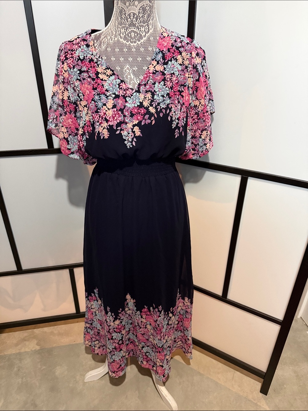 MSK Navy Midi Dress with Pink Floral Print